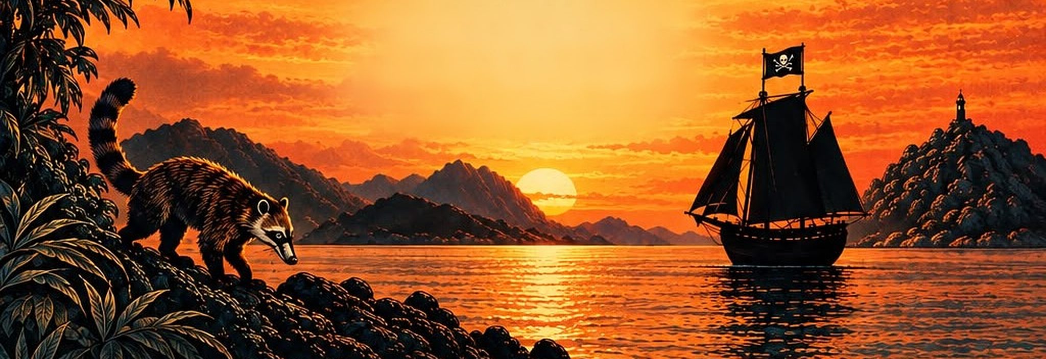Pôr do sol na ilha, com um quati na pedra e um barco pirata no mar